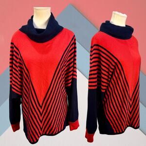 Vintage 80s Rodier Red Dark Blue Stripe Cowl Neck Batwing Sweater Sz S 4/Small
